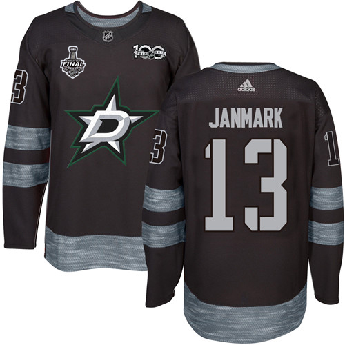 Men Adidas Dallas Stars #13 Mattias Janmark Black 1917-2017 100th Anniversary 2020 Stanley Cup Final Stitched NHL Jersey->dallas stars->NHL Jersey